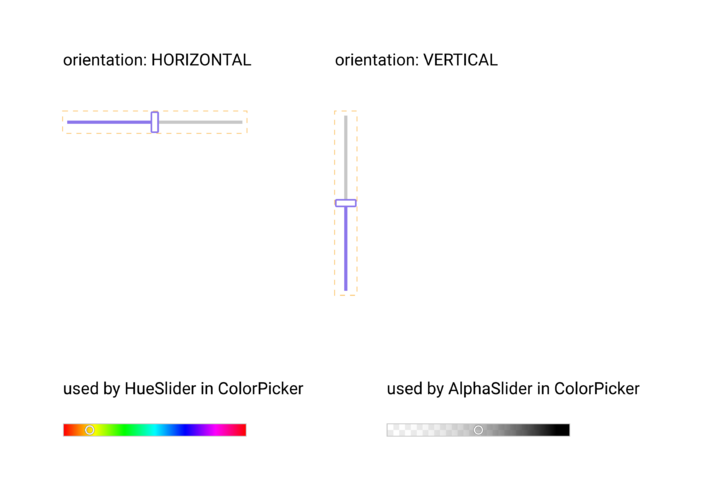 Preview of a slider showing horizontal and vertical orientations and use cases in a Color Picker.